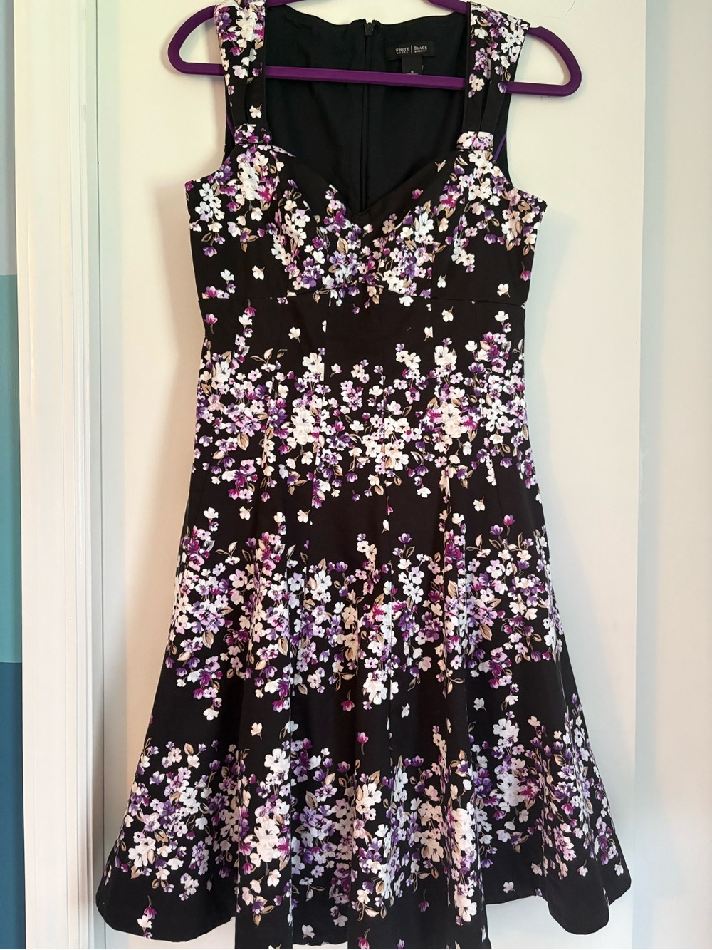 Floral Fit & Flare Dress in Black with Purple and White Blooms